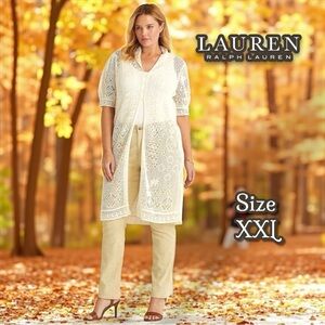 Lauren Ralph Lauren Plus-Size Pointelle Puff-Sleeve Linen Cardigan Cream Sz XXL